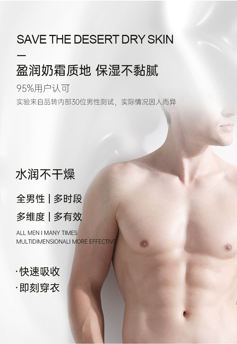 盈潤奶霜質(zhì)地，保濕不粘膩，獲得95%用戶認(rèn)可，實(shí)驗(yàn)來自品轉(zhuǎn)內(nèi)部30位男性測試，實(shí)際情況因人而異